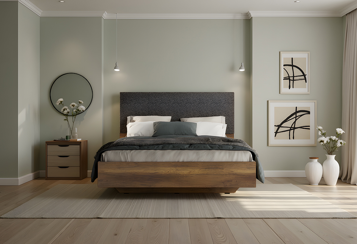 Απεικονίζεται το διπλό κρεβάτι σε ένα φωτεινό υπνοδωμάτιο.